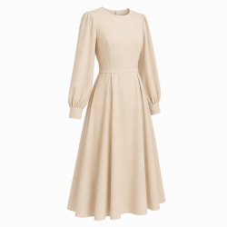 Beige Long Sleeve Midi Dress