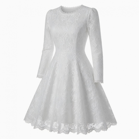 Round Neck Long Sleeve Fit Flare Lace Women's Dress