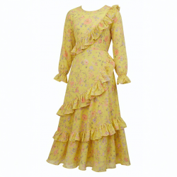 Yellow Long Sleeve Ruffled Floral Maxi Dress