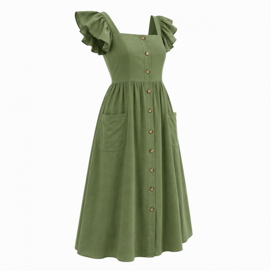 Square Neck Flutter Sleeve Pockets Button Dress