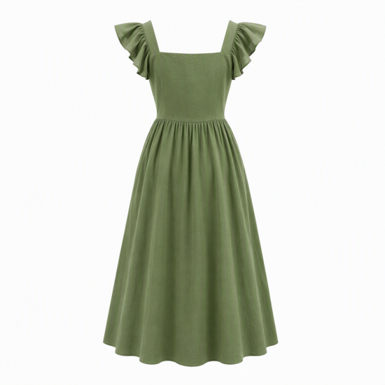 Square Neck Flutter Sleeve Pockets Button Dress