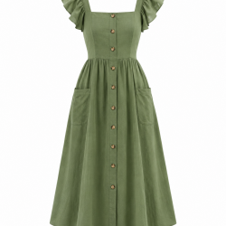 Square Neck Flutter Sleeve Pockets Button Dress