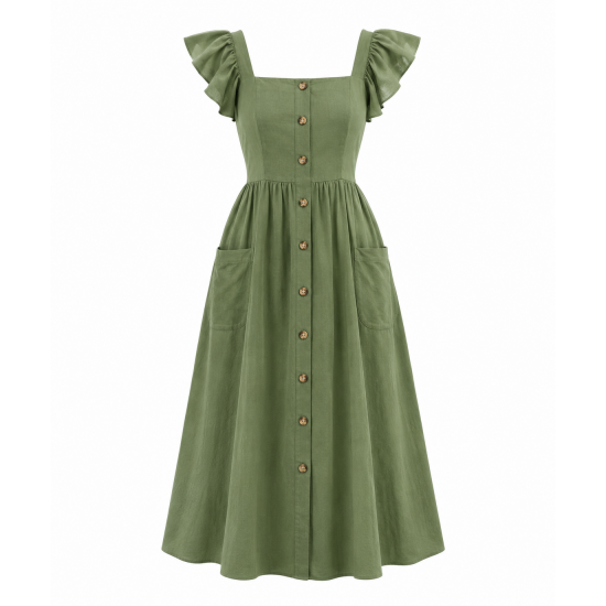Square Neck Flutter Sleeve Pockets Button Dress