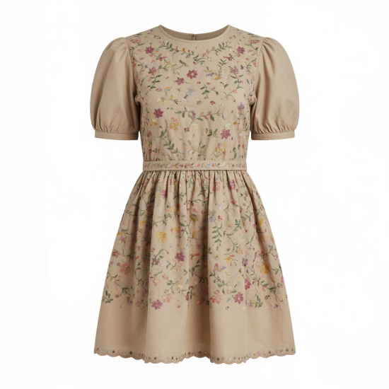 Beige Multicoloured Small Embroidered Dress