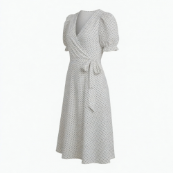 V-Neck Puff Sleeve Wrap Polka Dot Midi Dress