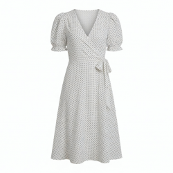V-Neck Puff Sleeve Wrap Polka Dot Midi Dress