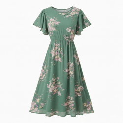 Green Round Neck Flutter Sleeve Floral Women's Midi Dress