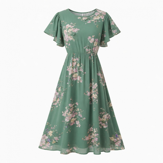 Green Round Neck Flutter Sleeve Floral Women's Midi Dress