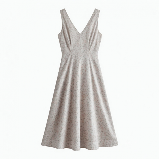 V-Neck Sleeveless Floral Cotton Midi Dress