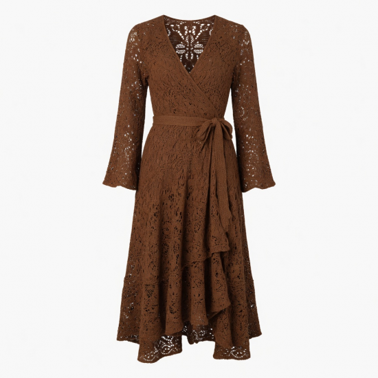 Brown Crochet Vintage Boho Women's Wrap Dress
