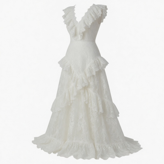 V-Neck Sleeveless Ruffled Lace Maxi Dress