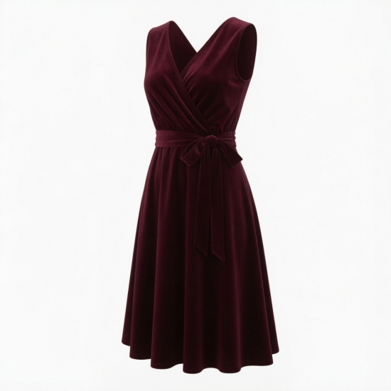 V-Neck Sleeveless Wrap Velvet Midi Dress