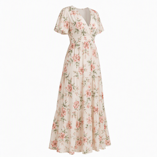 V-Neck Short Sleeve Floral Viscose Women's Maxi Dress