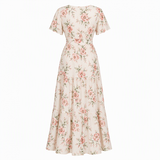 V-Neck Short Sleeve Floral Viscose Women's Maxi Dress