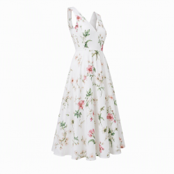 White V-Neck Sleeveless Floral Dress