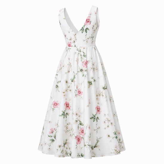 White V-Neck Sleeveless Floral Dress