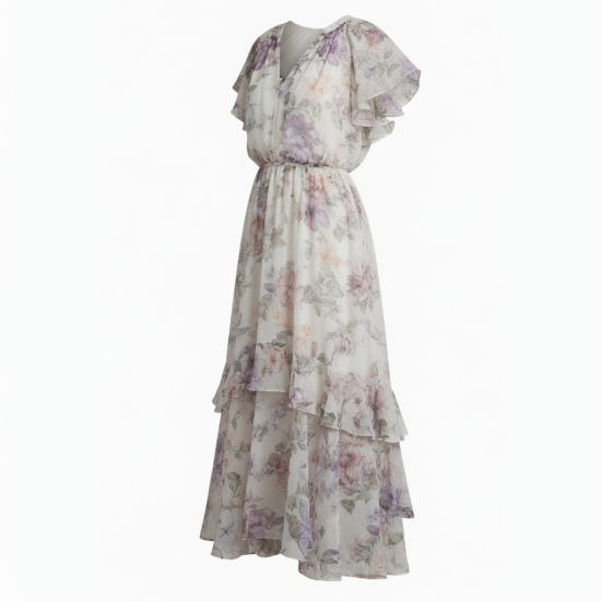 V-Neck Floral Chiffon Holiday Women's Maxi Dress