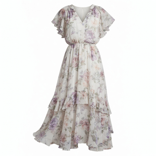 V-Neck Floral Chiffon Holiday Women's Maxi Dress