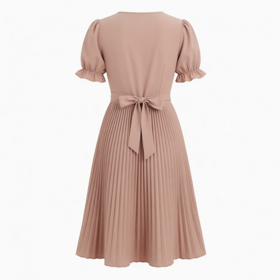 V-Neck Puff Sleeve Wrap Pleated Midi Dress
