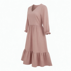 V-Neck Three-Quarter Sleeve A-Line Ruffled Women's Midi Dress
