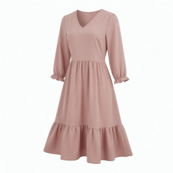 V-Neck Three-Quarter Sleeve A-Line Ruffled Women's Midi Dress