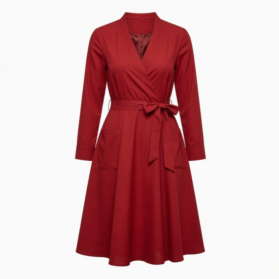 Red Wrap Pockets Lined Dress