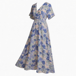 Blue V-Neck Short Sleeve Floral Women's Maxi Dress