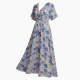 Blue V-Neck Short Sleeve Floral Women's Maxi Dress