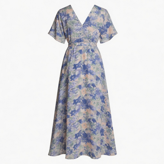 Blue V-Neck Short Sleeve Floral Women's Maxi Dress