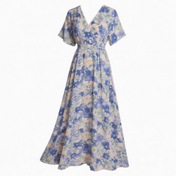 Blue V-Neck Short Sleeve Floral Women's Maxi Dress