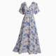 Blue V-Neck Short Sleeve Floral Women's Maxi Dress