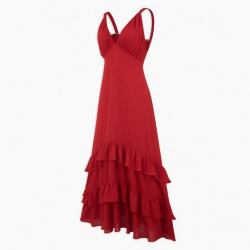 Red V-Neck Sleeveless Ruffled Women's Maxi Dress