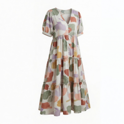 V-Neck Tiered Button Abstract Women's Maxi Dress