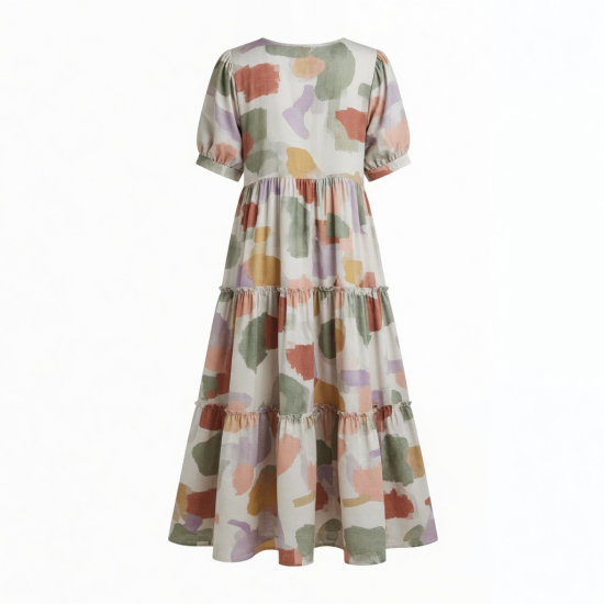 V-Neck Tiered Button Abstract Women's Maxi Dress