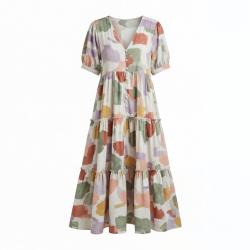 V-Neck Tiered Button Abstract Women's Maxi Dress