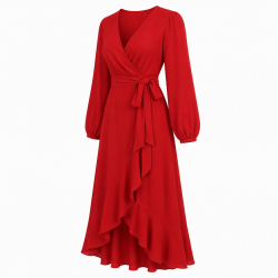 Red V-Neck Long Sleeve Wrap Women's Dress