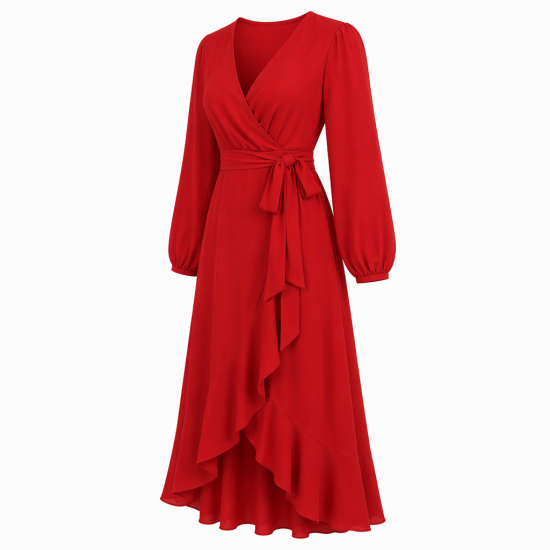 Red V-Neck Long Sleeve Wrap Women's Dress
