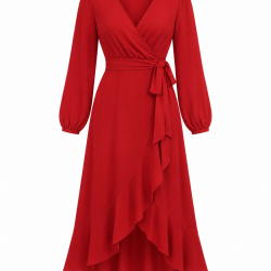 Red V-Neck Long Sleeve Wrap Women's Dress