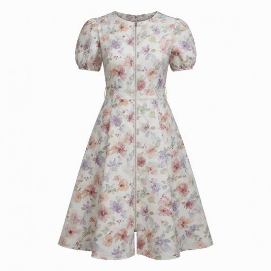 A-Line Lined Zip Floral Dress