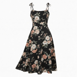 Black Strappy Sleeveless Floral Women's Dress