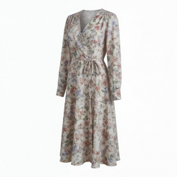 V-Neck Long Sleeve Wrap Floral Midi Dress