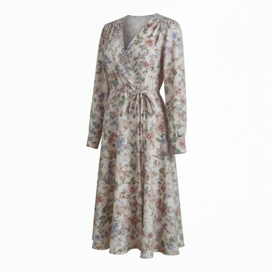 V-Neck Long Sleeve Wrap Floral Midi Dress