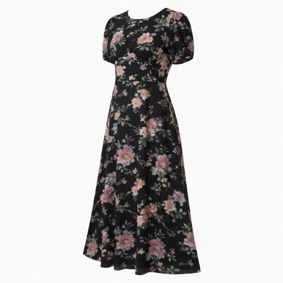 Black Round Neck Floral Women's Maxi Dress