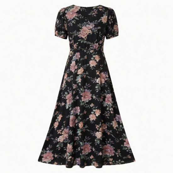 Black Round Neck Floral Women's Maxi Dress