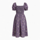 Purple Square Neck Smocked Floral Women's Midi Dress