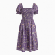Purple Square Neck Smocked Floral Women's Midi Dress