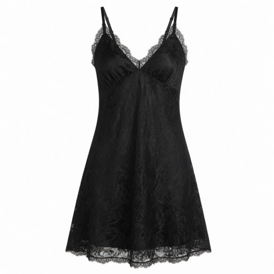 Black V-Neck Sleeveless Lace Women's Slip Dress