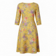Yellow Three-Quarter Sleeve Floral Midi Dress