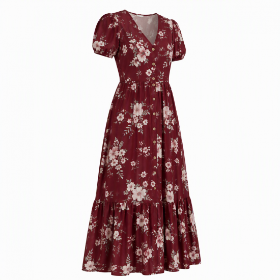 Burgundy Button Floral Maxi Dress