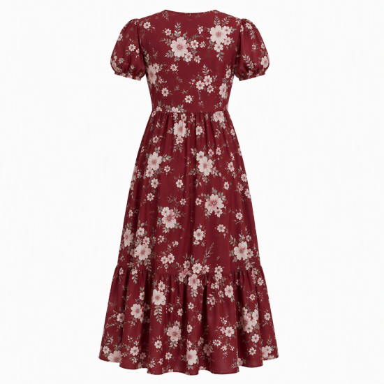 Burgundy Button Floral Maxi Dress